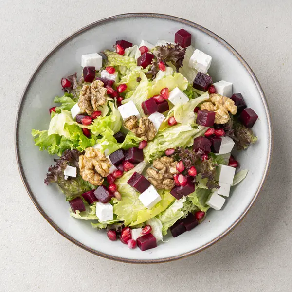 Poached Beetroot, Walnut and Feta Salad With Greens